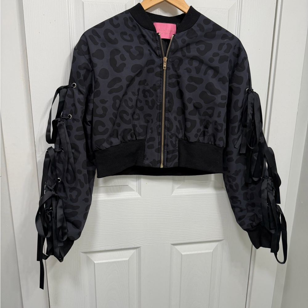 AKIRA Black Leopard Bomber Jacket with Ribbon Sleeves